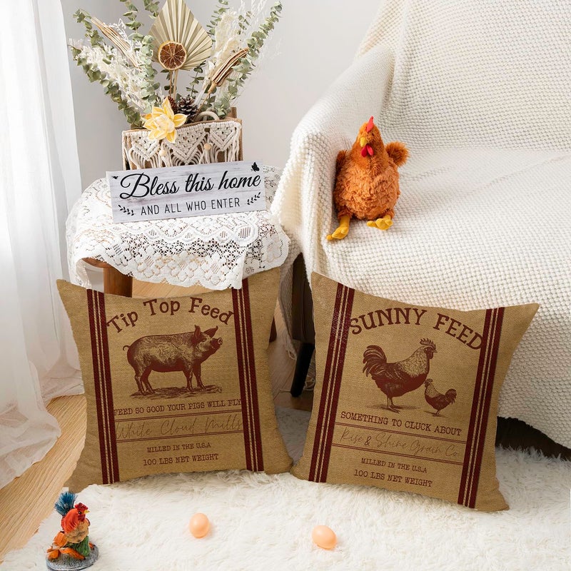 Faromily Vintage Farmhouse Animal Pillow Covers 18x18 Set of 4 Premium Farm Rooster Pig Sheep Cow Poultry Feed Home Décor Throw Pillow Case Cushion Cover for Sofa F163-18 - Image 2